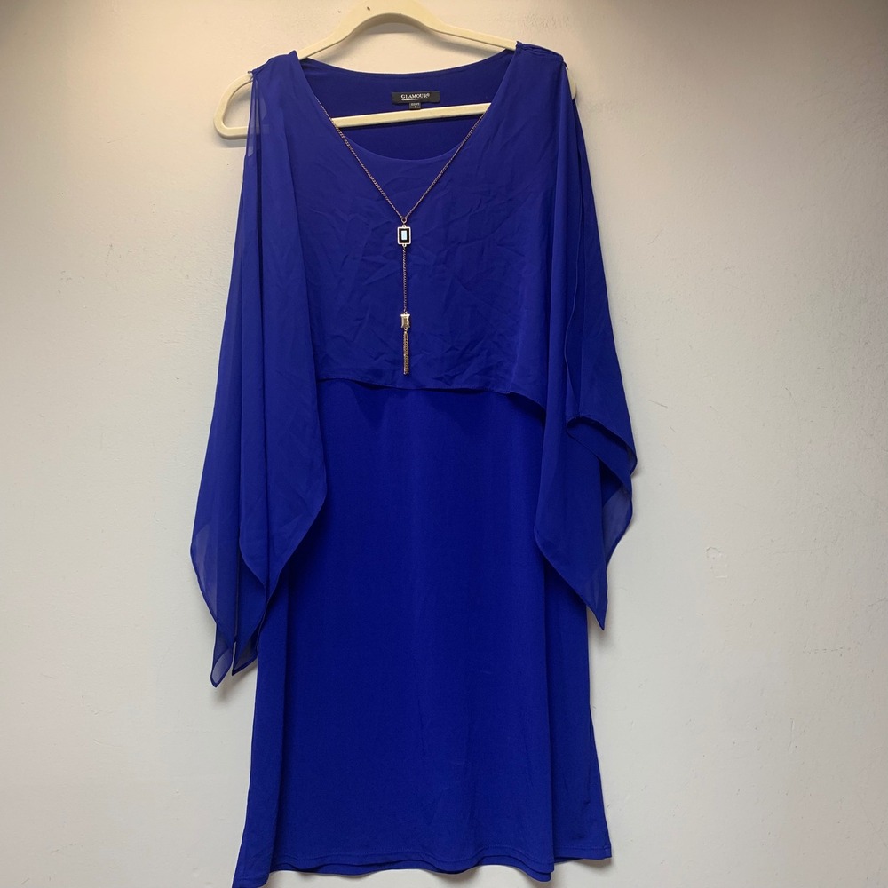 Glamour Sheath Dress Women Size 8 Royal Blue Cold Shoulder Cape Overlay Dress